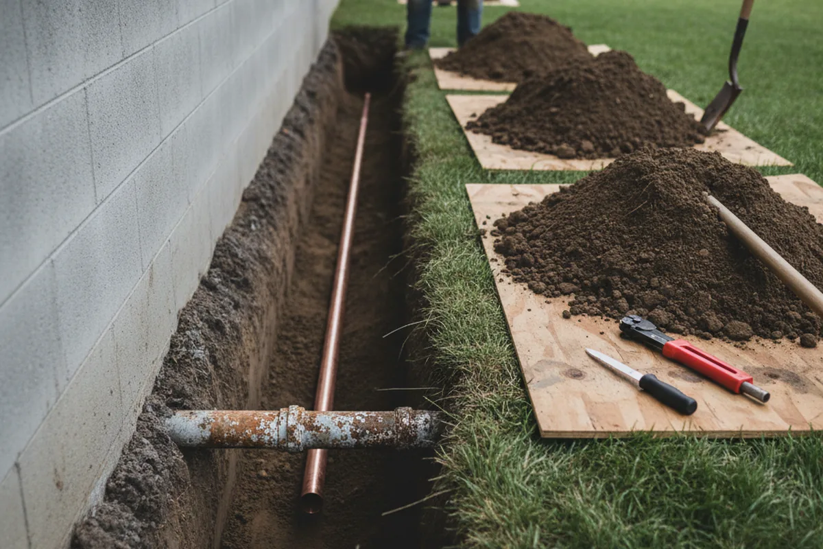 Excavated water line trench during Water Heater Repair in Trenton
